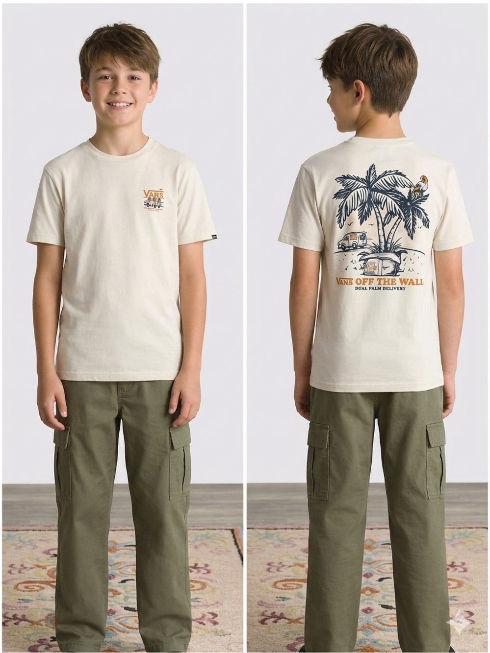 🌸Vans Off The Wall Boys Graphic Tee Cream Palm Trees Surf Van Size S
